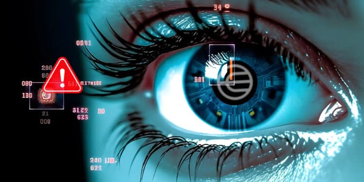 escaner de iris de persona con logo de worldcoin reflejado y señal de advertencia