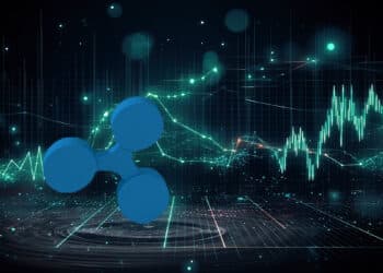 logo de ripple sobre plataforma digital con grafico de precio en el fondo