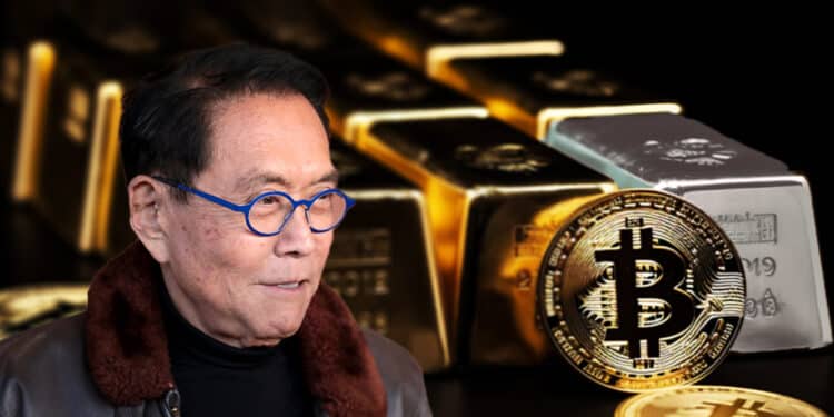 Robert Kiyosaki junto a moneda de bitcoin apoyada en lingotes de oro y plata