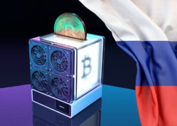 Minero de bitcoin y bandera de Rusia.