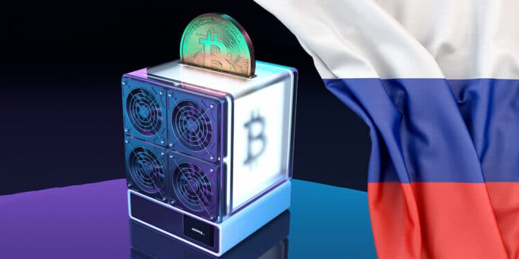 Minero de bitcoin y bandera de Rusia.