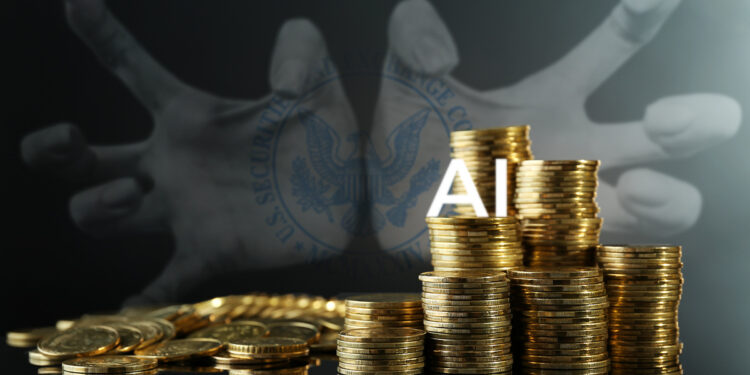 monedas apiladas de IA con manos acechando con logo de la SEC en el fondo