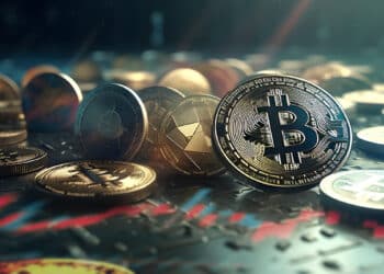 moneda grande de bitcoin entre criptomonedas apiladas sobre superficie de metal con grafico de precio