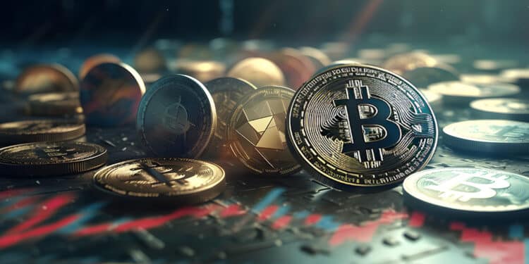moneda grande de bitcoin entre criptomonedas apiladas sobre superficie de metal con grafico de precio
