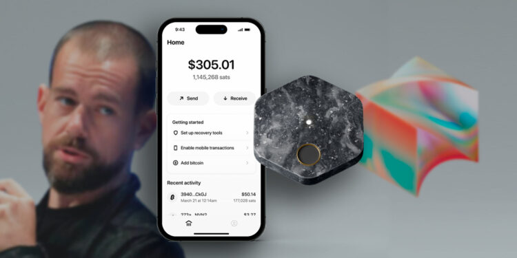 Bitkey hardware wallet, Jack Dorsey y logo de Block.