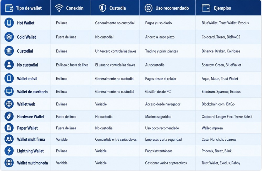 Listado de diferentes tipos de wallets.