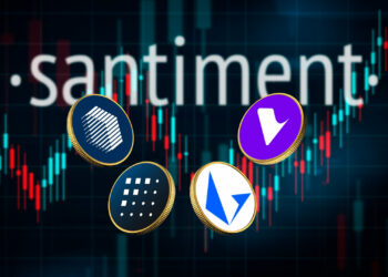 Logo de Santiment y criptomonedas FET, LRC, REN y TVK.