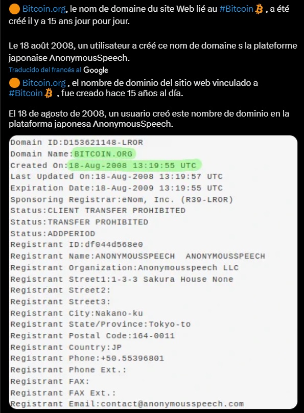 tweet de la comunidad de Bitcoin celebrando el aniversario de la creación del domunio Bitcoin.org