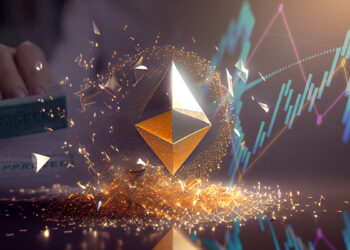 logo de ethereum entre grafico de precio y persona aprobando documento