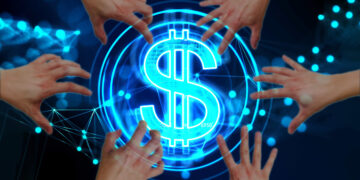 manos rodeando simbolo de dolar digital
