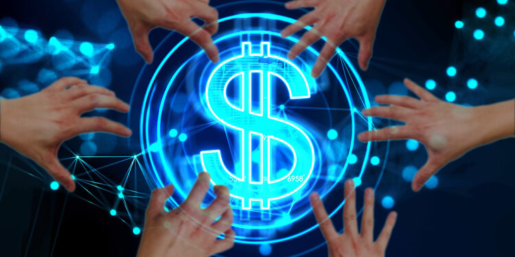 manos rodeando simbolo de dolar digital