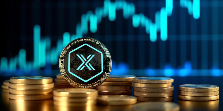 moneda de immutable IMX entre monedas apiladas con grafico de precio en aumento en el fondo