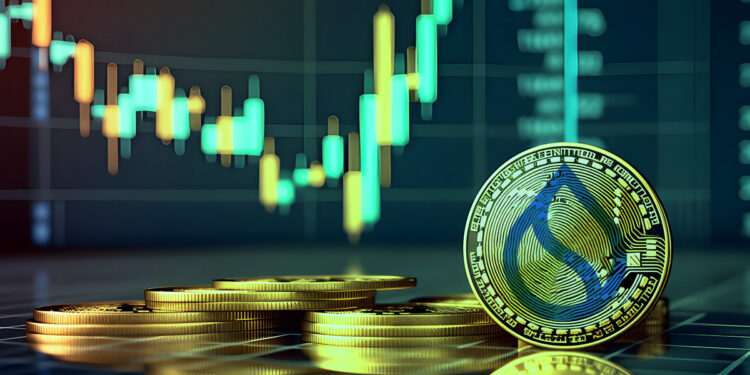 moneda con logo de SUI entre monedas apiladas con grafico de precio alcista en el fondo