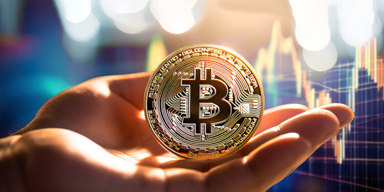 mano sosteniendo moneda de bitcoin con grafico de precio al alza en el fondo