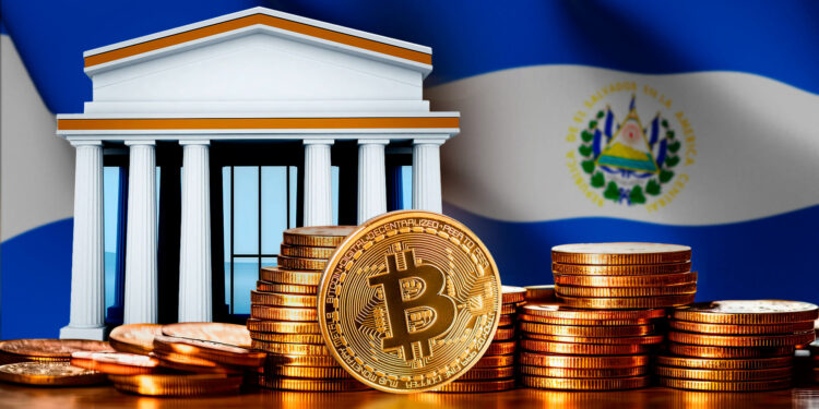 Bandera de El Salvador, bitcoin y banco.