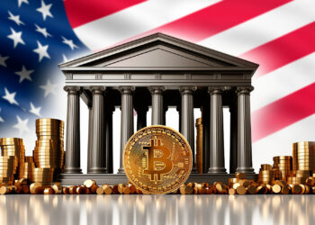 Banco, bandera de Estados Unidos y bitcoin.