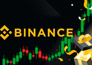 Logo de Binance, recompensas y gráfico de trading.