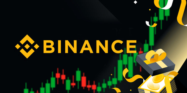 Logo de Binance, recompensas y gráfico de trading.