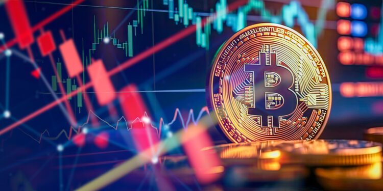 moneda de bitcoin sobre mesa con grafico de precio en pantalla al fondo y velas rojas bajistas superpuestas