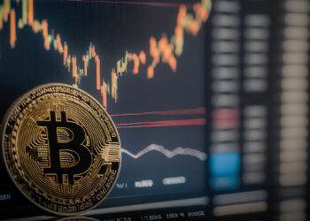 moneda de bitcoin apoyada en pantalla con grafico de precio en el fondo