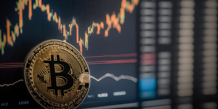 moneda de bitcoin apoyada en pantalla con grafico de precio en el fondo