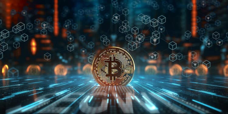 moneda de bitcoin en superficie de cristal con blockchain y monedas en el fondo