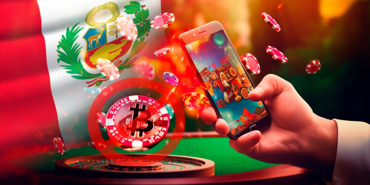 Apuestas con bitcoin y bandera de Perú.