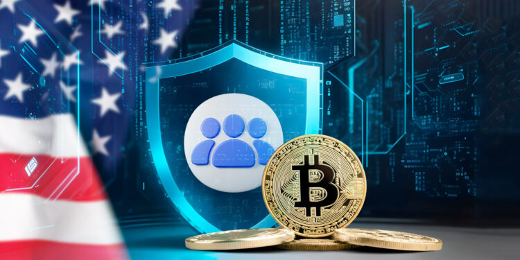 Bitcoin, usurarios y bandera de Estados Unidos.