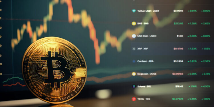 moneda de bitcoin junto a listado de precio de criptomonedas aumentando en precio con grafico de precio en el fondo