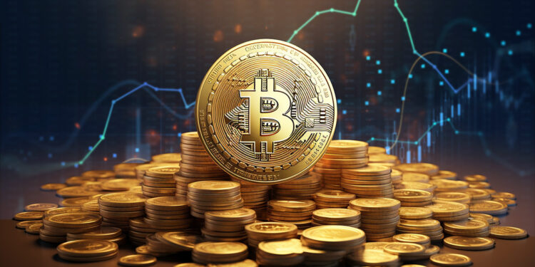 moneda de bitcoin sobre monedas apiladas con grafico en alza en el fondo