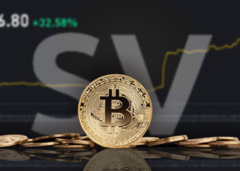 moneda de bitcoin con siglas SV y grafico de precio de binance en el fondo