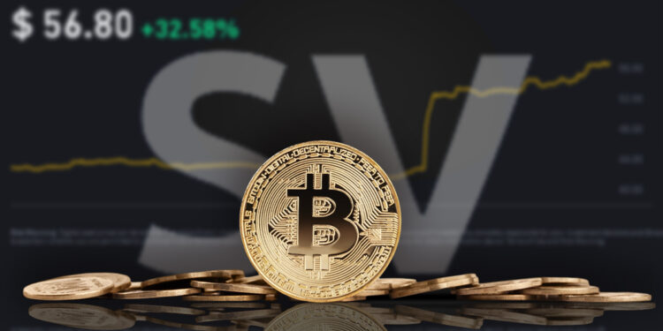 moneda de bitcoin con siglas SV y grafico de precio de binance en el fondo