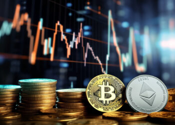 monedas de bitcoin y ethereum con grafico de precio alcanzando final