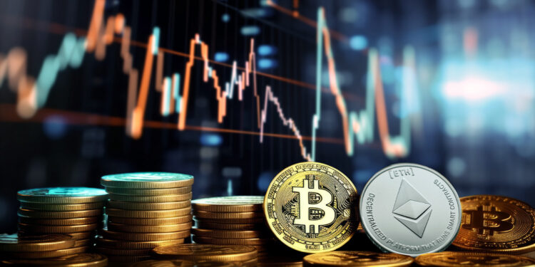 monedas de bitcoin y ethereum con grafico de precio alcanzando final
