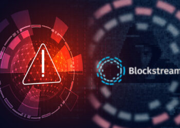 signo de advertencia junto a logo de Blockstream con hacker en el fondo