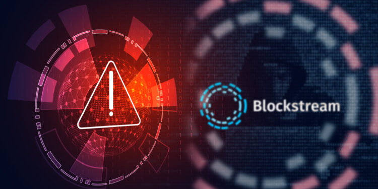 signo de advertencia junto a logo de Blockstream con hacker en el fondo