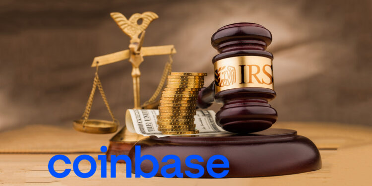 Martillo de ley con logo de IRS, criptomonedas y logo de Coinbase.