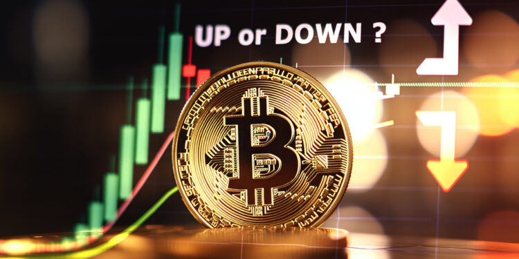moneda de bitcoin con grafico de precio en el fondo cuestionando subida o bajada de precio