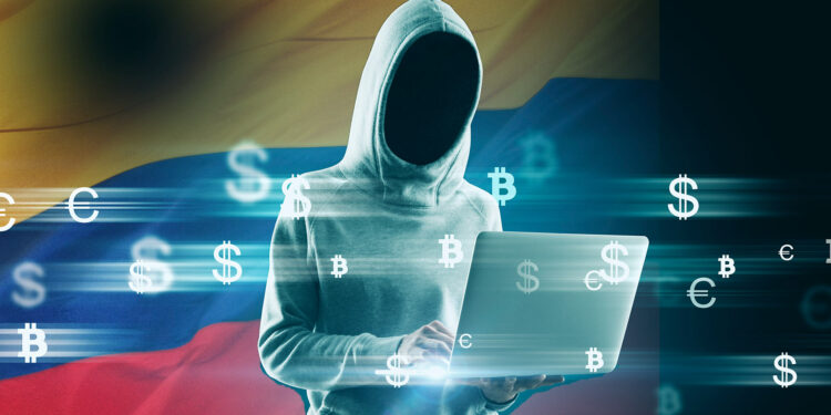 Estafador secuestrando criptomonedas y bandera de Colombia.