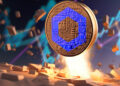 moneda con logo de Chainlink rompiendo suelo propulsada con grafico de precio en el fondo