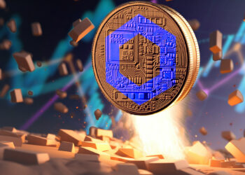 moneda con logo de Chainlink rompiendo suelo propulsada con grafico de precio en el fondo