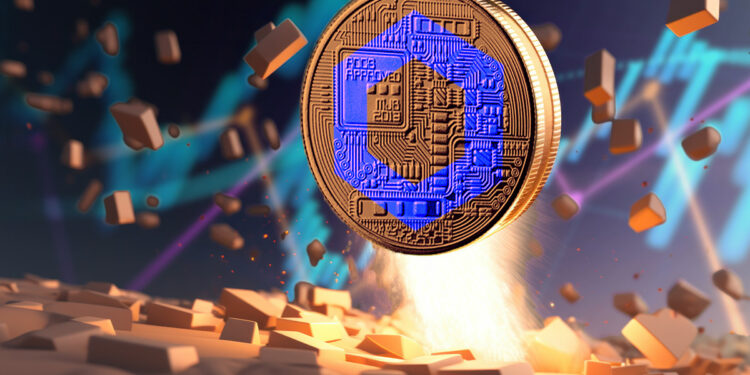 moneda con logo de Chainlink rompiendo suelo propulsada con grafico de precio en el fondo