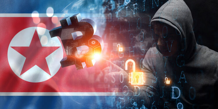Hacker, bitcoin y bandera de Corea del Norte.