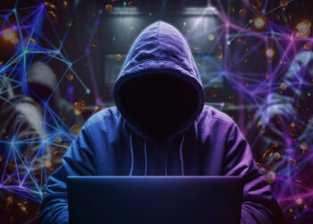 hacker rodeado de redes digitales y monedas ceyendo con otros hackers en el fondo