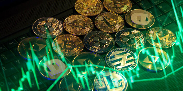 Criptomonedas y gráfico alcista.