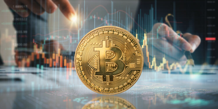 moneda de bitcoin entre graficos de precio con analitas señalando grafico en el fondo
