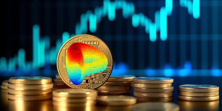 criptomoneda de Curve entre monedas sobre mesa con grafico de precio en alza en el fondo