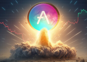 moneda de Aave propulsada hacia arriba con grafico de precio en aumento en el fondo