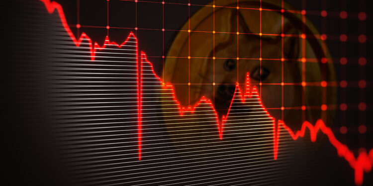 grafico de precio en caida con moneda de dogecoin desapareciendo en el fondo