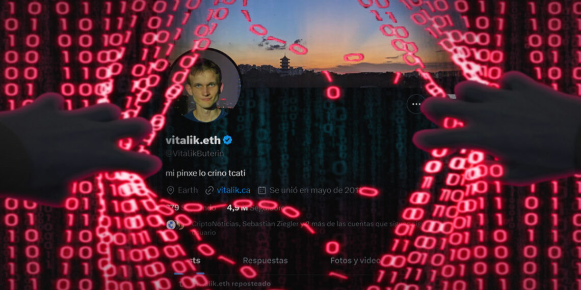 manos separando codigo con perfil de Vitalik Buterin en la red social X en el fondo